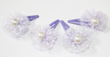 4 Haarklammern mit lilafarbener Tüllblüte und Perle