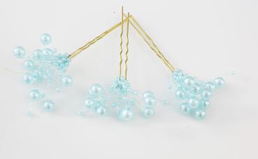 3 goldfarbene Haarnadeln mit Perlen Fb hellblau - Hochzeit Brautschmuck