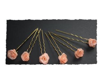 Haarschmuck - 6 goldfarbene Haarnadeln mit Rosen in der Farbe aprikot