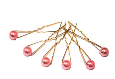 Haarschmuck - 6 goldfarbene Haarnadeln mit Perlen in der Farbe rosa