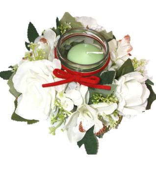 Windlicht - Tischlicht - mit Lilien und Rosen Farbe weiss Tischgesteck