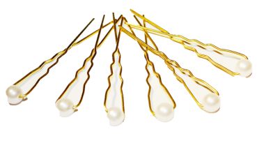 Haarschmuck - 6 goldfarbene Haarnadeln mit Perlen in der Farbe weiss
