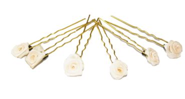 Haarschmuck - 6 goldfarbene Haarnadeln mit Rosen in der Farbe beige