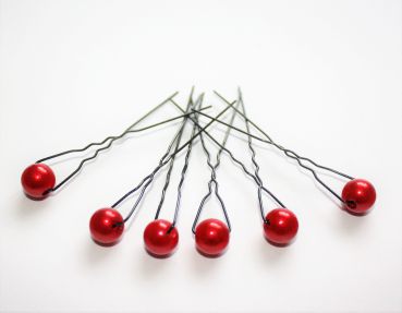 Haarschmuck - 6 schwarze Haarnadeln mit Perlen in der Farbe rot