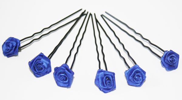 Haarschmuck - 6 schwarze Haarnadeln mit Rosen in der Farbe dunkelblau