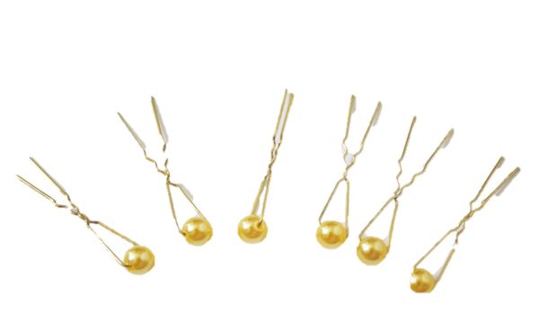 Haarschmuck - 6 goldfarbene Haarnadeln mit Perlen in der Farbe gelb